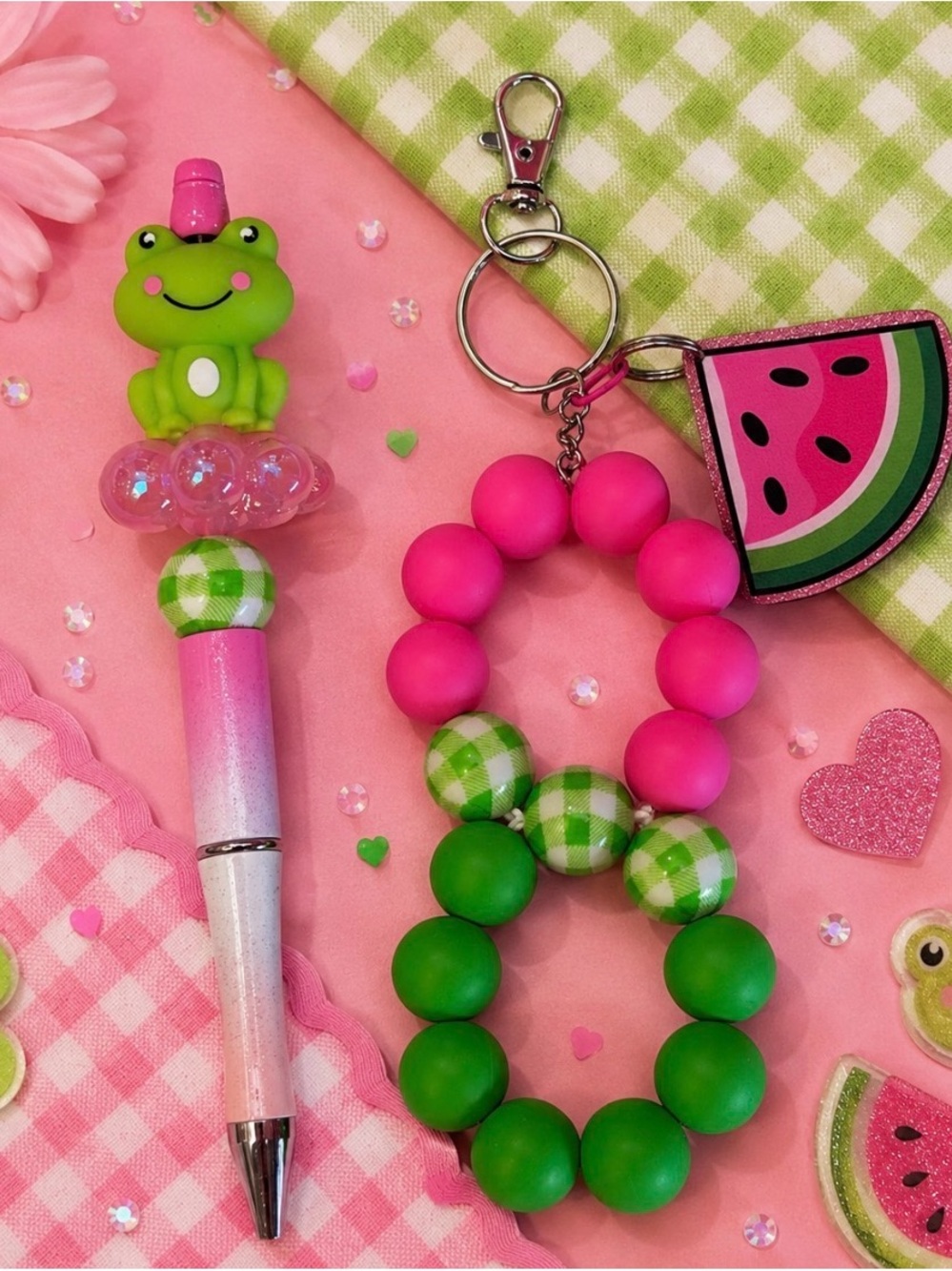 Handmade Beaded Frog Pen and Pink & Green Beaded Infinity Keychain Set